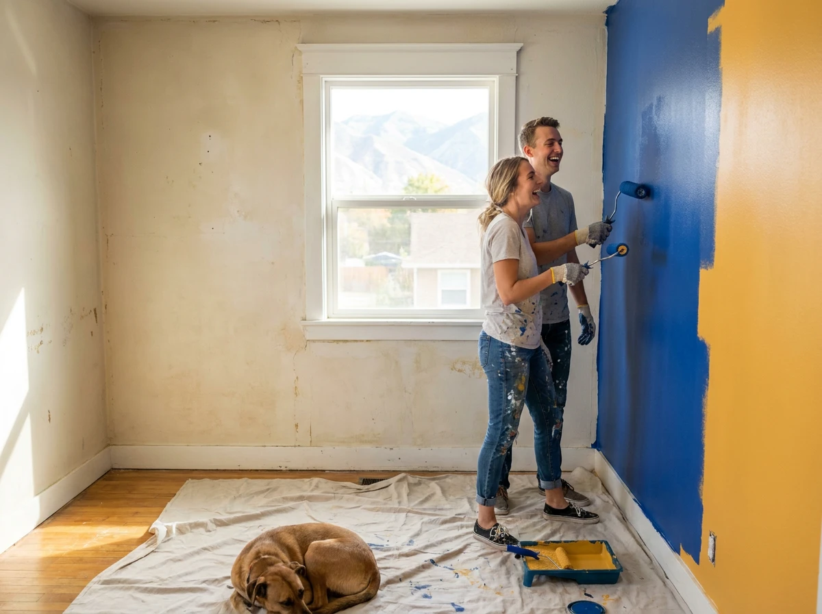 Couple painting a wall together while renovating their newly purchased Utah home