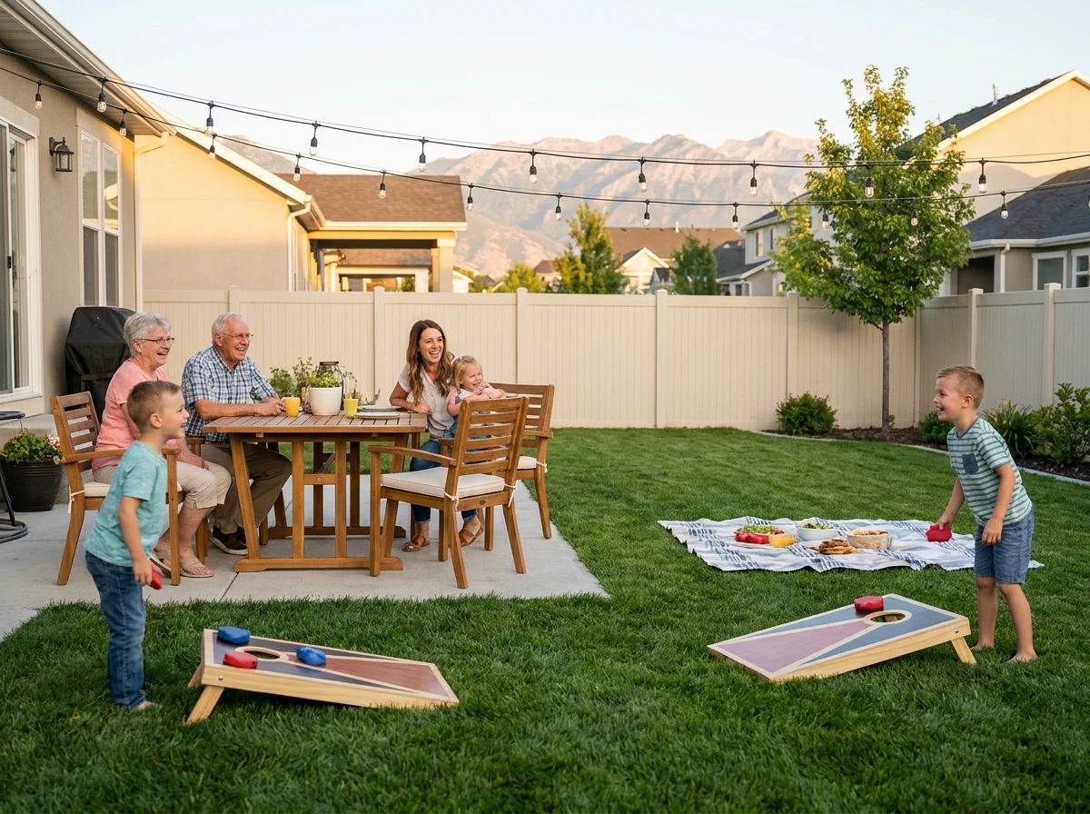Multi-generational family enjoying their backyard at their Utah home