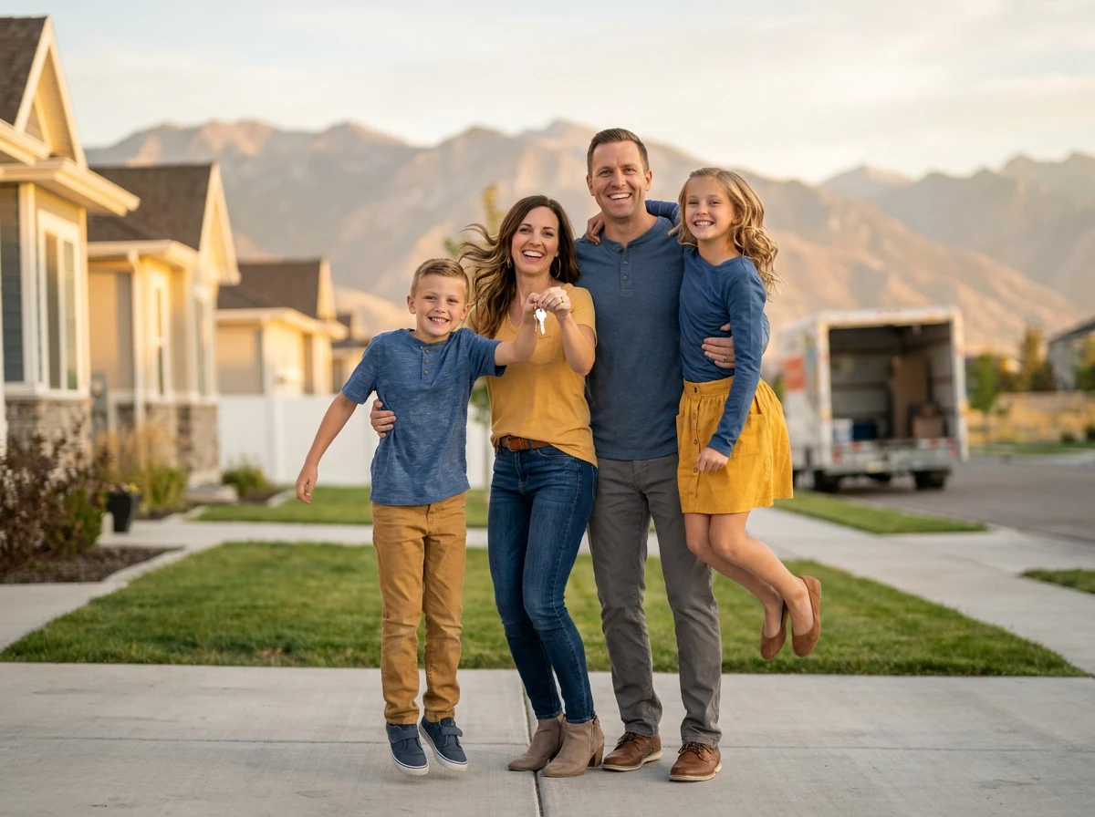Utah family celebrating with new house keys on closing day