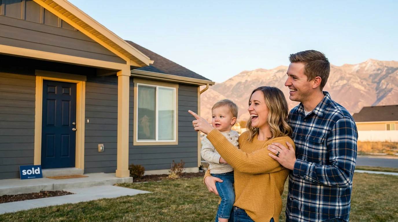 Young family celebrating outside their first home in Utah with a SOLD sign