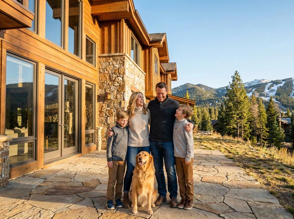 Family in front of their jumbo-financed home in Park City, Utah