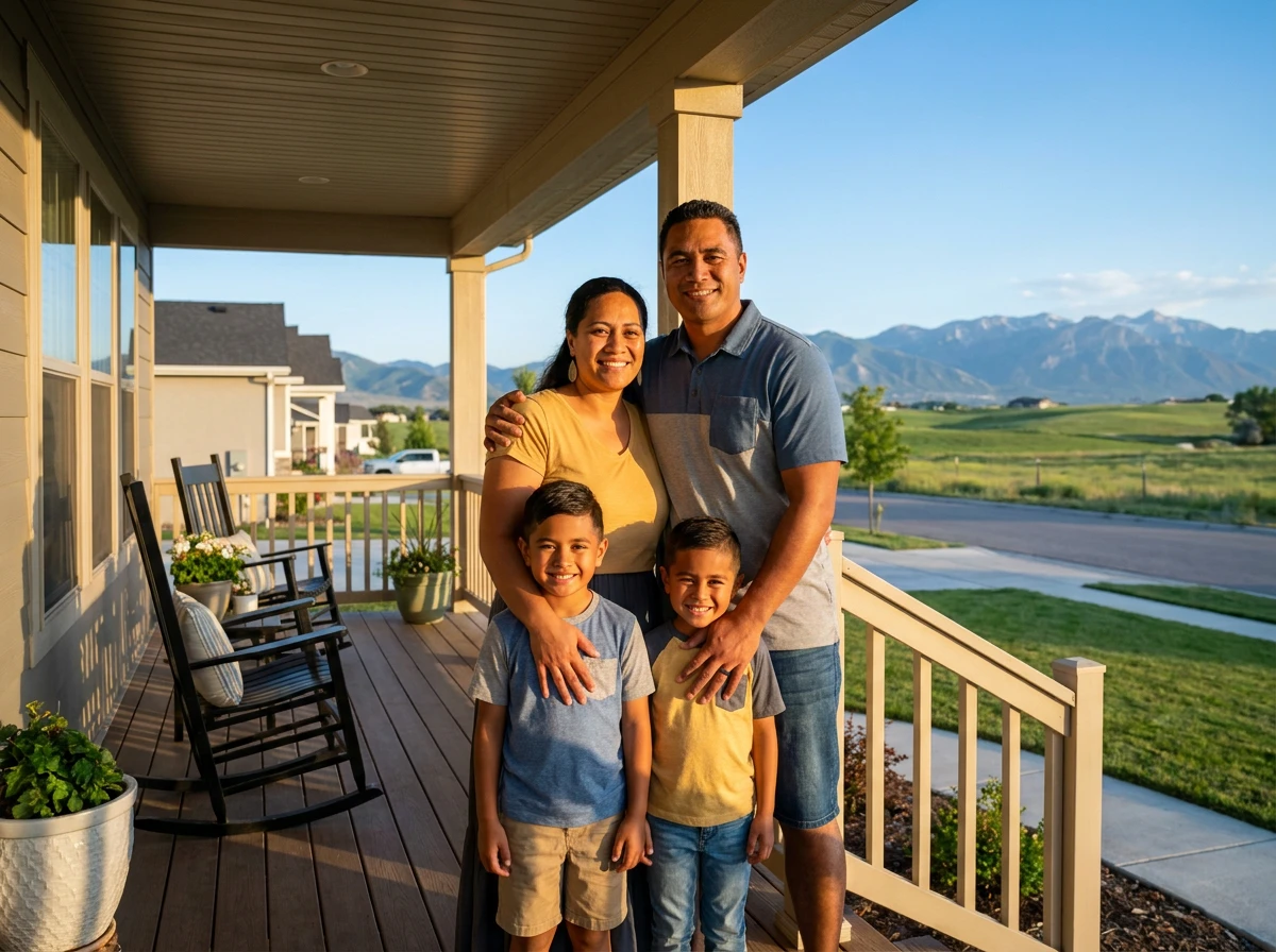 Family on the porch of their USDA-eligible home in a small Utah community