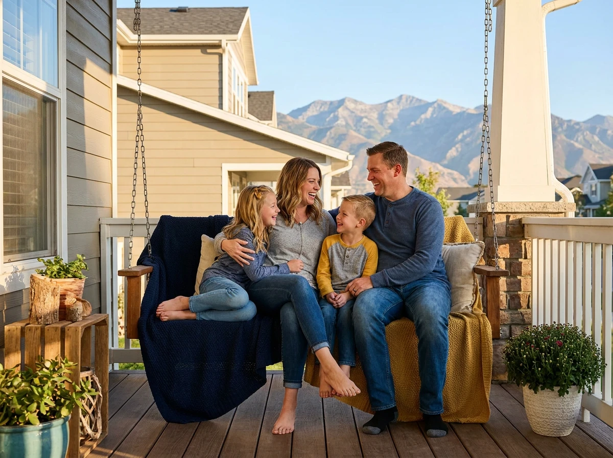 Utah family laughing together on their porch swing at home
