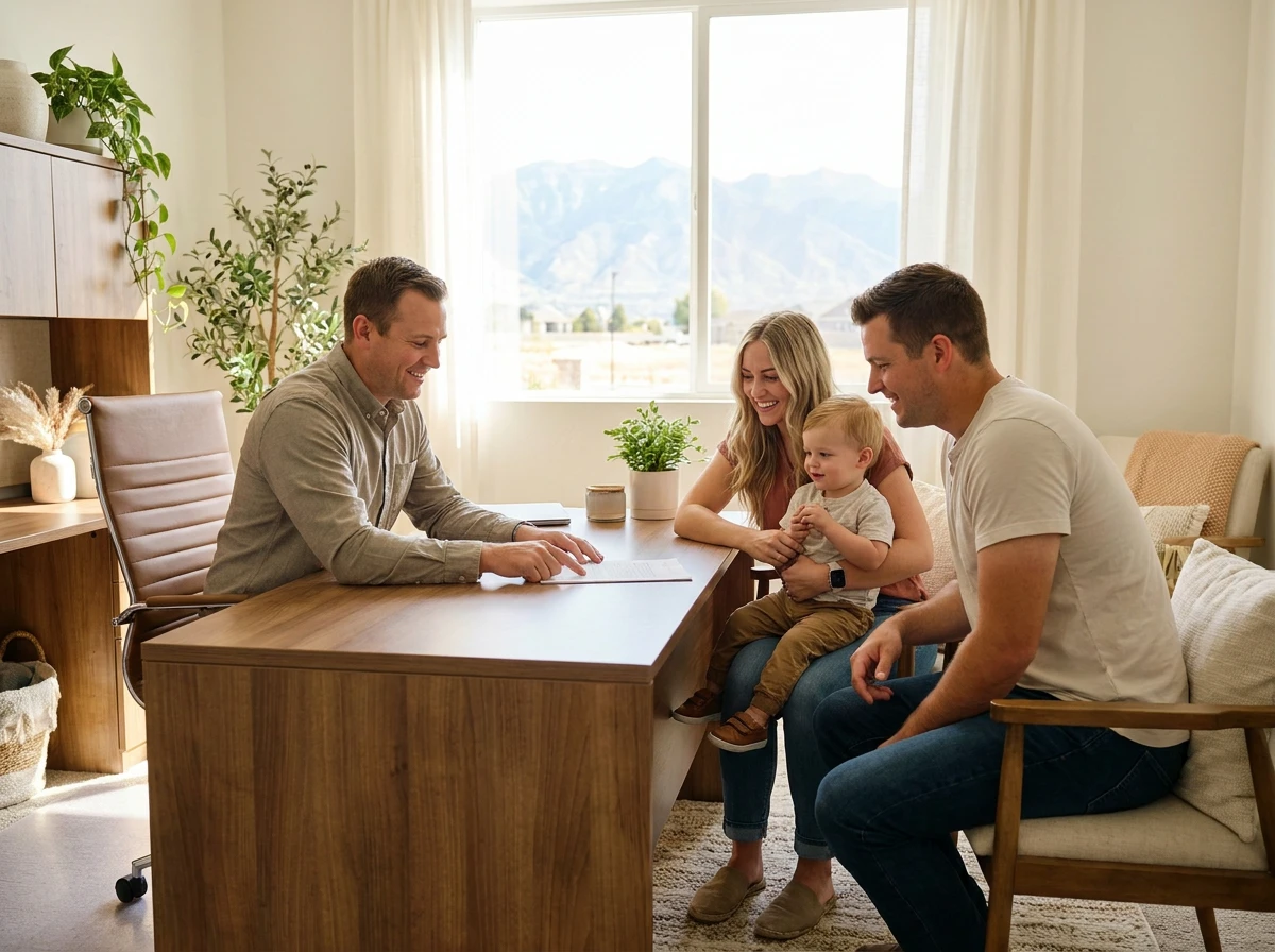 Utah family reviewing loan paperwork with their mortgage loan officer