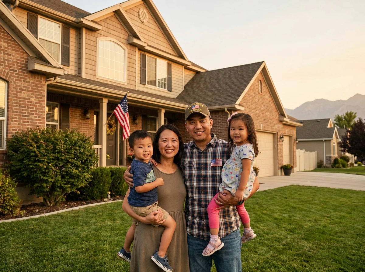Utah veteran and his family in front of their new home